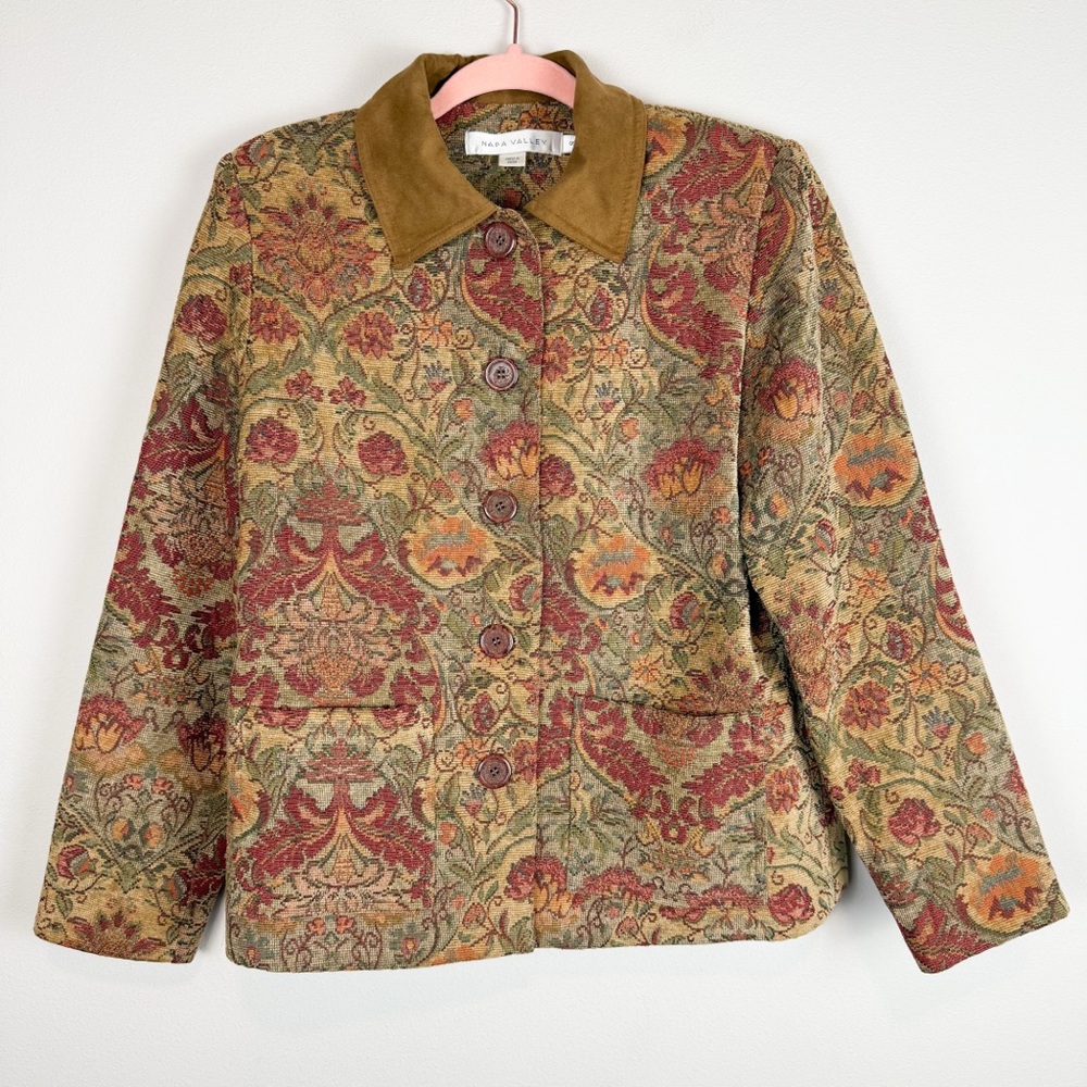 Vintage Multicolor Floral Tapestry Blazer with Brown Collar